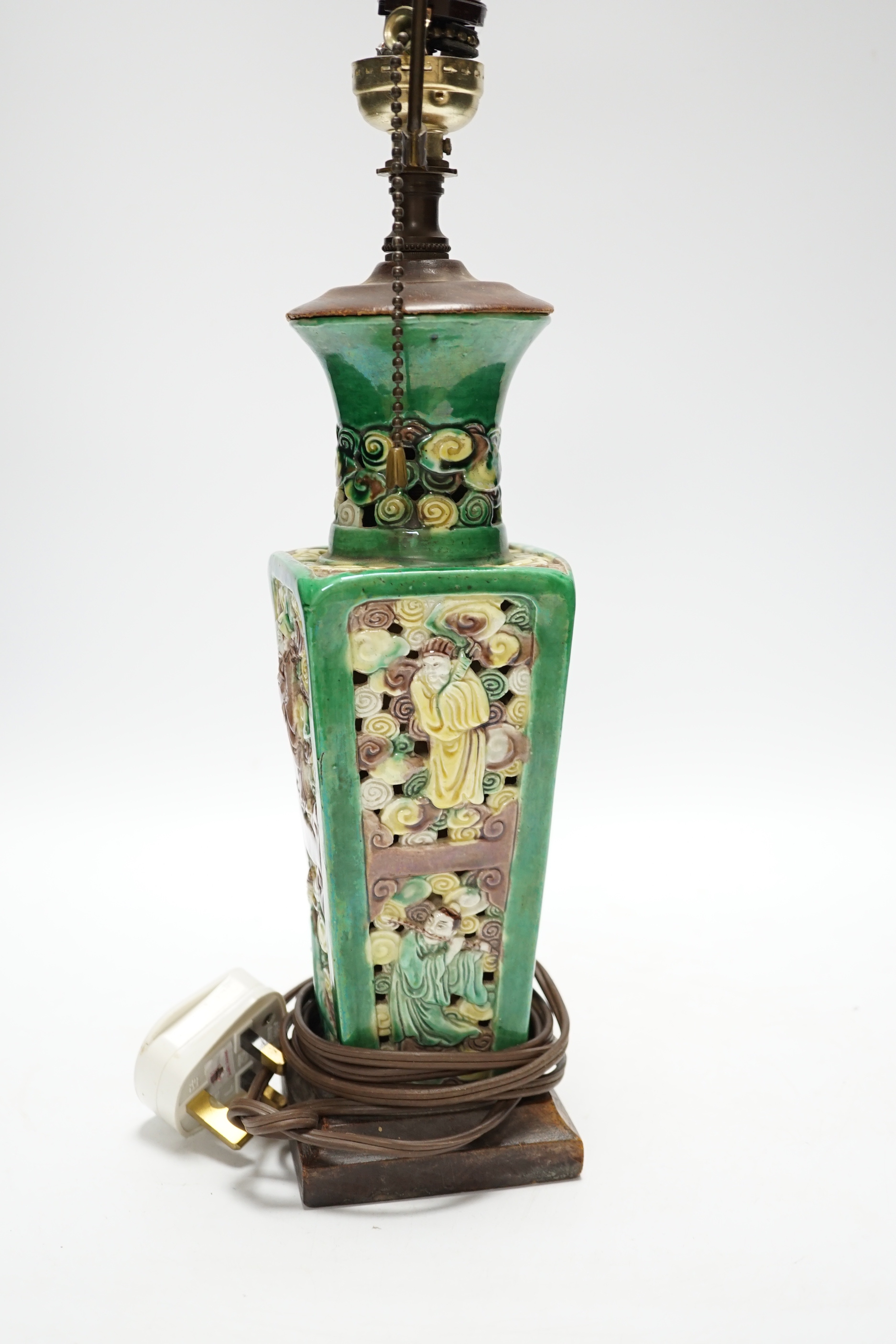 A Chinese sancai glazed square vase, early 20th century, mounted as a lamp, vase 23cm excluding fittings